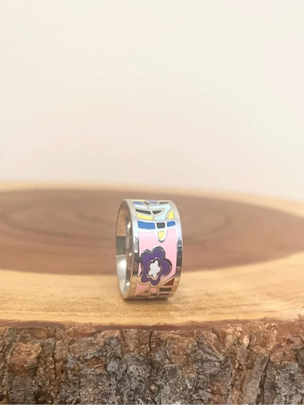 Colorful Enamel Abstract Floral White Gold Filled Retro Wide Band Ring NWOT
